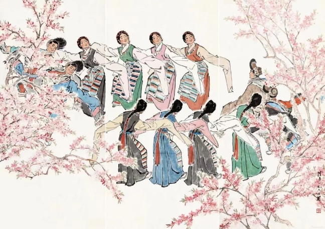 葉淺予高原之春紙本設(shè)色211cm×98cm、211cm×105cm、211cm×98cm1964年